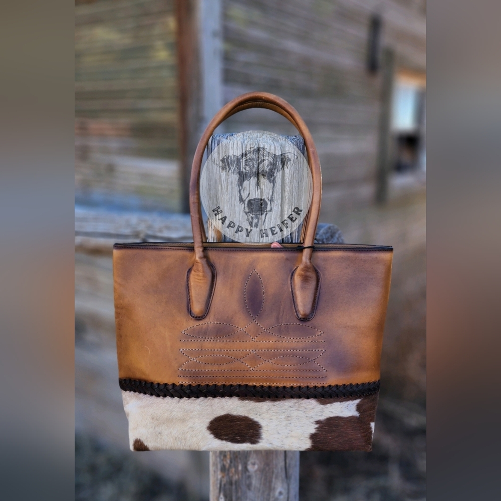 Boot-Stitch Leather And Cowhide Tote
